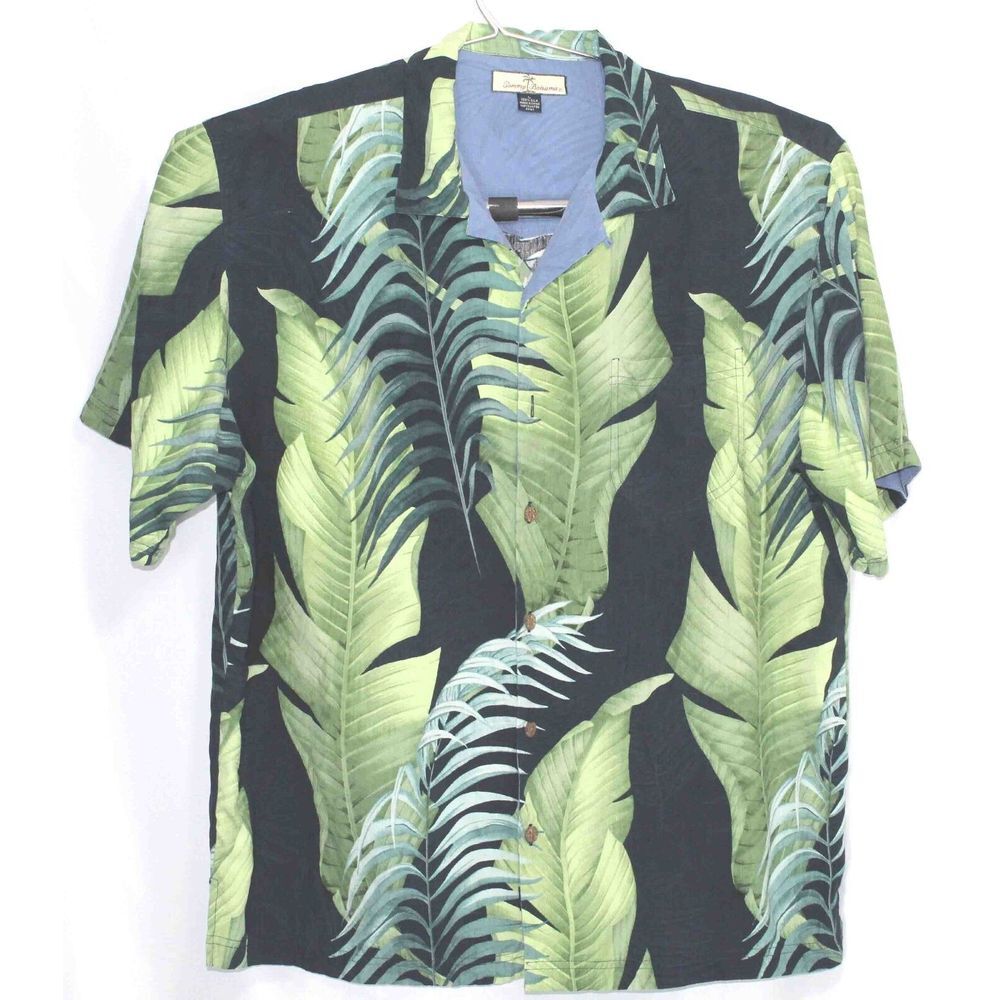 Tommy Bahama 100% Silk Multicolor Palm Hawaiian Short Sleeve Shirt Mens Size Lrg